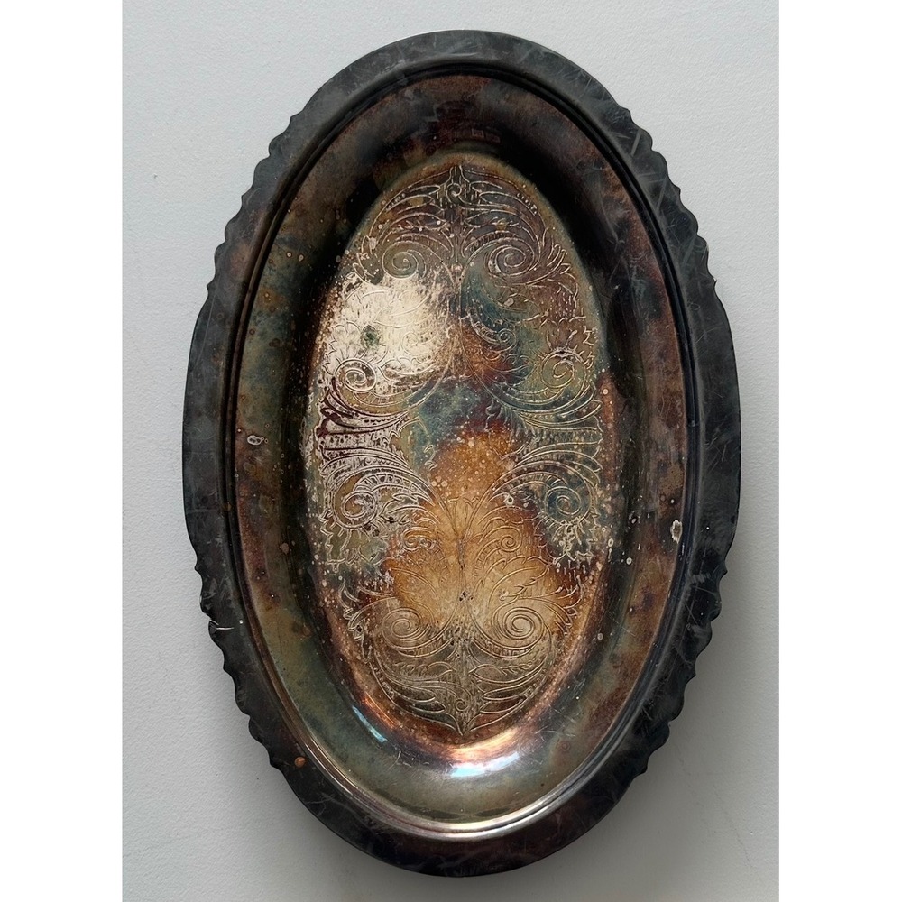 Vintage Silver Plate Oval Serving Tray Etched Scalloped Edge Patina 9.5 Inch
